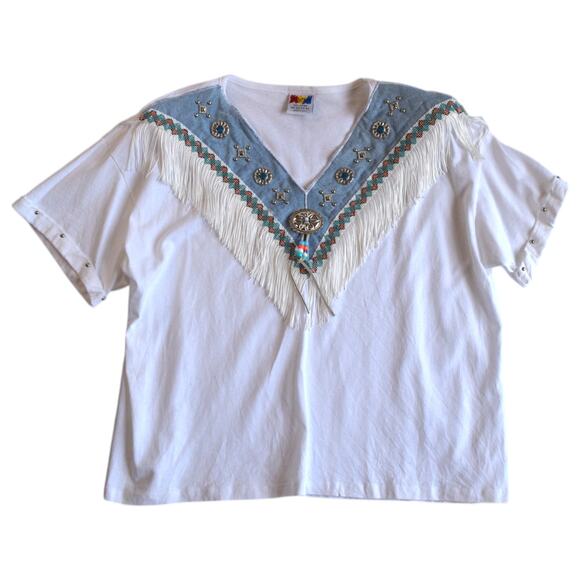 Vintage 80s Boho Southwestern Fringe Navajo Boxy Top - One Size Fits Most - Picture 1 of 7